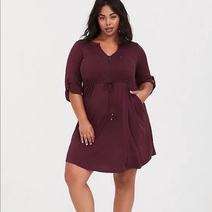 Torrid SZ 1 Maroon Dress 3/4 Sleeve Mid knee NWT